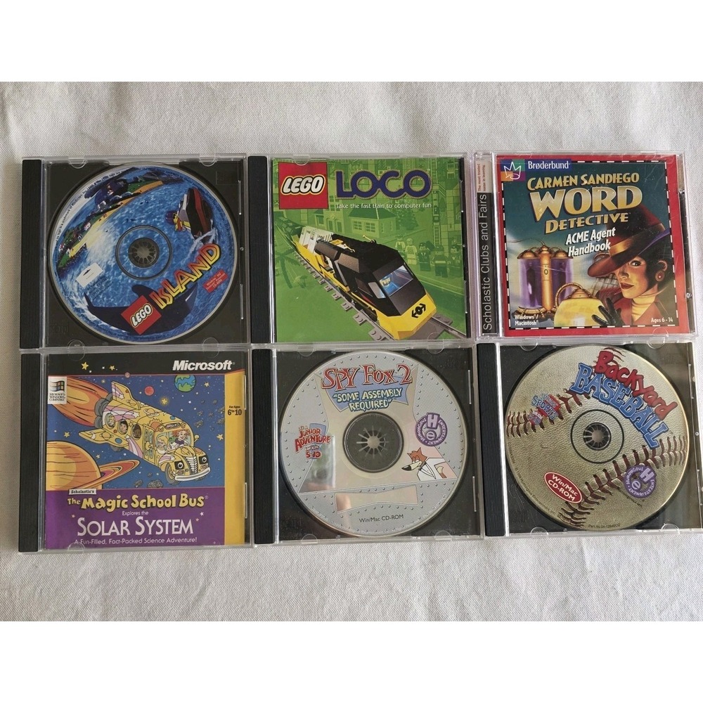Lot 6 VTG Kids PC games: Lego, Carmen San Diego, Spy Fox, Magic School, Baseball